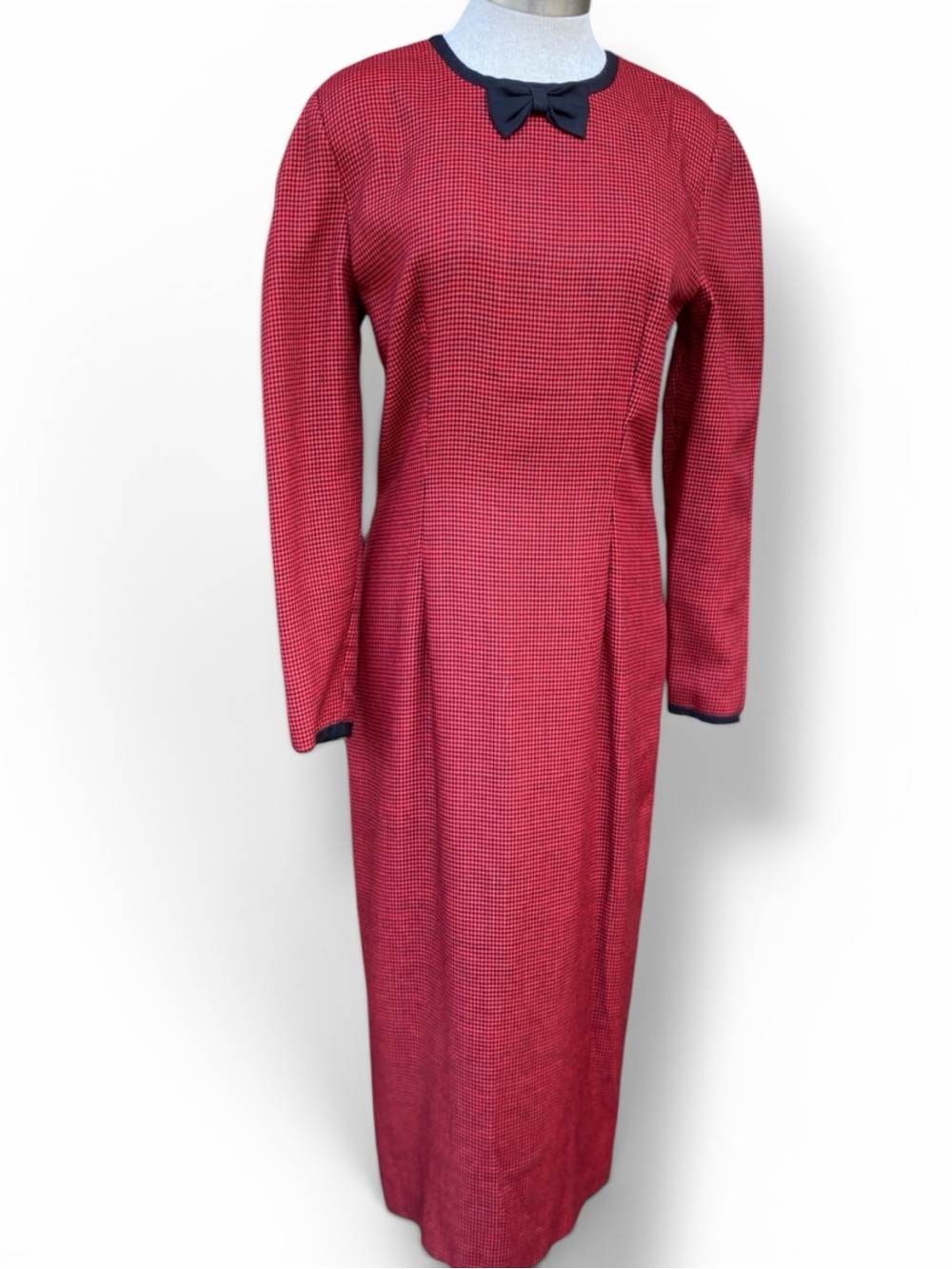 Ann Taylor Dress vintage Red midi- long Sleeve Bow-Trim Maxi woven check print S